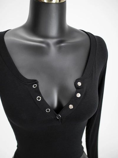 Button V-Neck Sexy Crop Top female long Sleeve Sashion Solid Color lady Tees Comfy Summer Basic Chic Thin T shirt See Through