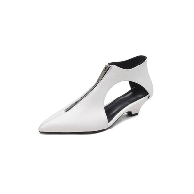 Kaky's new pointed hollow mesh oversized high New Pointed Zipper Cowhide Mid Heel Hollow out Women's Single Shoe High Top Shoes