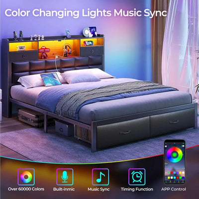 Bed Frame Queen Size with Drawers and Charging Station,Metal Frame,Upholstered Platform Bed with Storage Headboard and LED Light