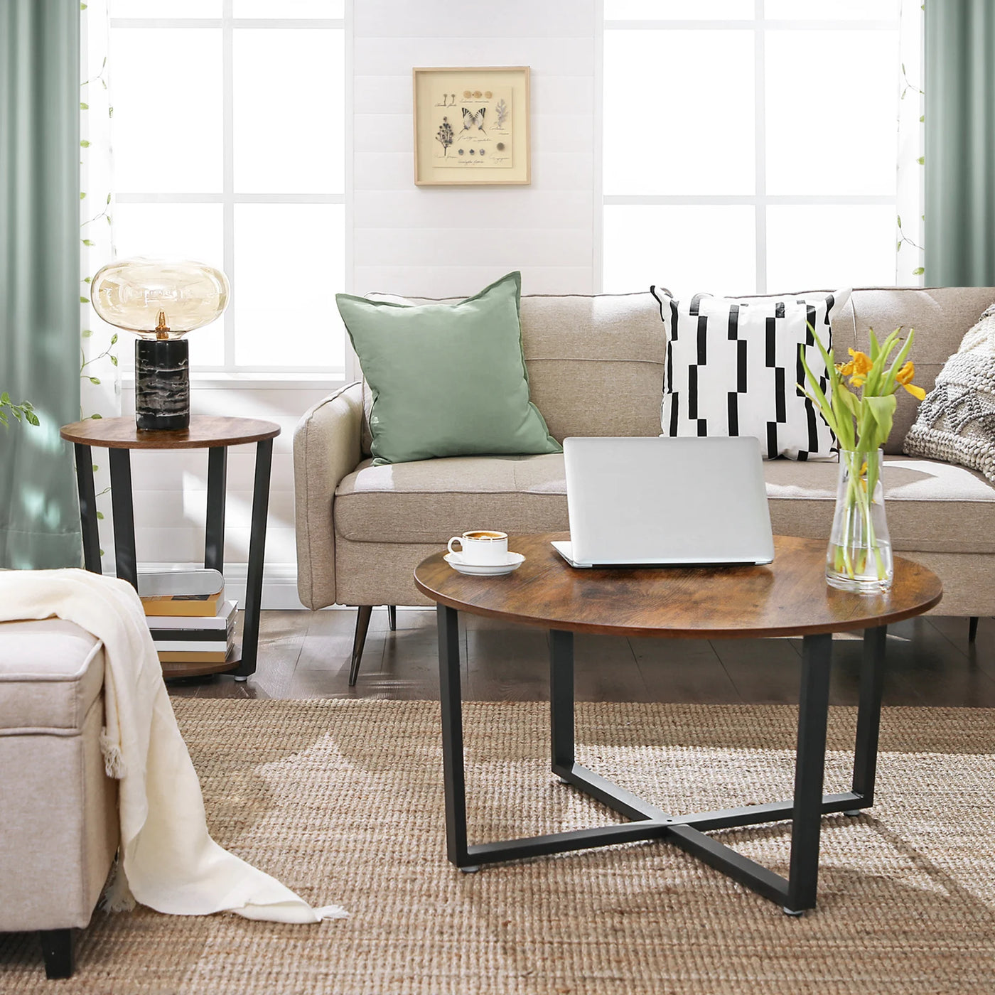 Side Table Round Table with Steel Frame Easy Assembly