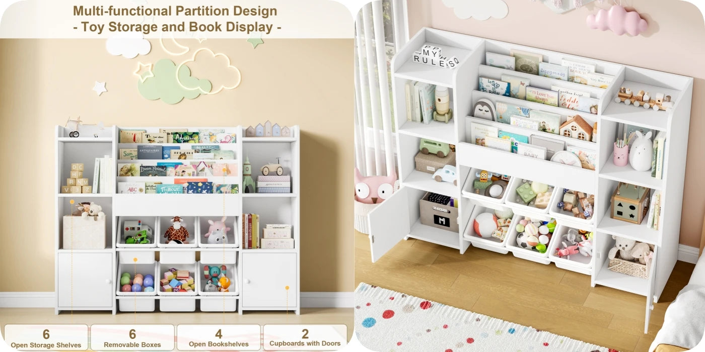 Children's shelf CHILDREN'S room furniture toys chest bookcase CHILDREN'S wardrobe with 6 boxing 4 bookshelves 8 shelves 119x29.5x94cm