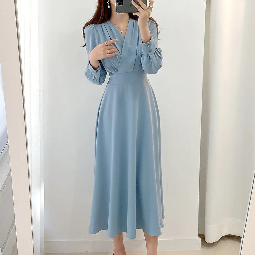 Jielur Harajuku V-neck Puff Sleeve A-line Maxi Dress Woman Solid Color Midi Robe Korean Office Dresses Elegant Spring Dress Lady