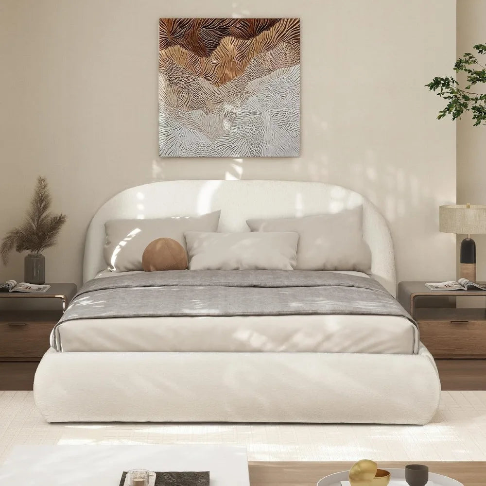 Grounded Bed Frame - Chenille White Bed Frames with Arch-Shaped Headboard and Wooden Slat Support, Upholstered Platform Bed