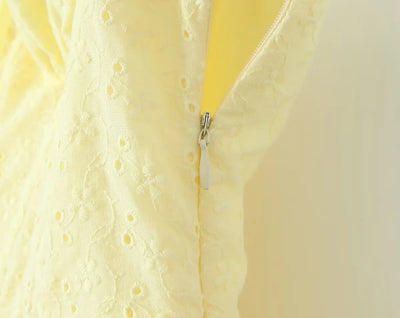 2024 Sexy Yellow Hollow out Embroidery Lace Cotton Corset Style Bow Sling Dress Women Low Waist Ball Gown Swing Mini Party Robe