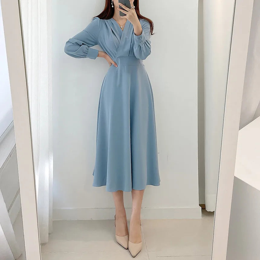 Jielur Harajuku V-neck Puff Sleeve A-line Maxi Dress Woman Solid Color Midi Robe Korean Office Dresses Elegant Spring Dress Lady