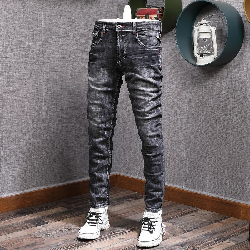 Retro Black Gray Slim Fit Ripped Jeans