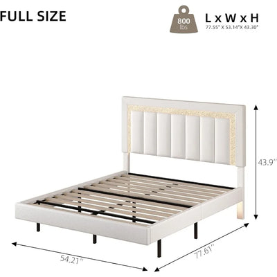 Floating Bed Frame Full with Smart LED Lights, Faux Leather Upholstered Platform Bed with Diamond PU Headboard,