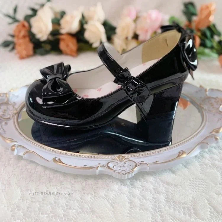 2024Lolita Style Cute Round Head  Jane Pumps With Bow Women's Sweet Party Dress Midi Heels Shoes Fashion PU Sandals
