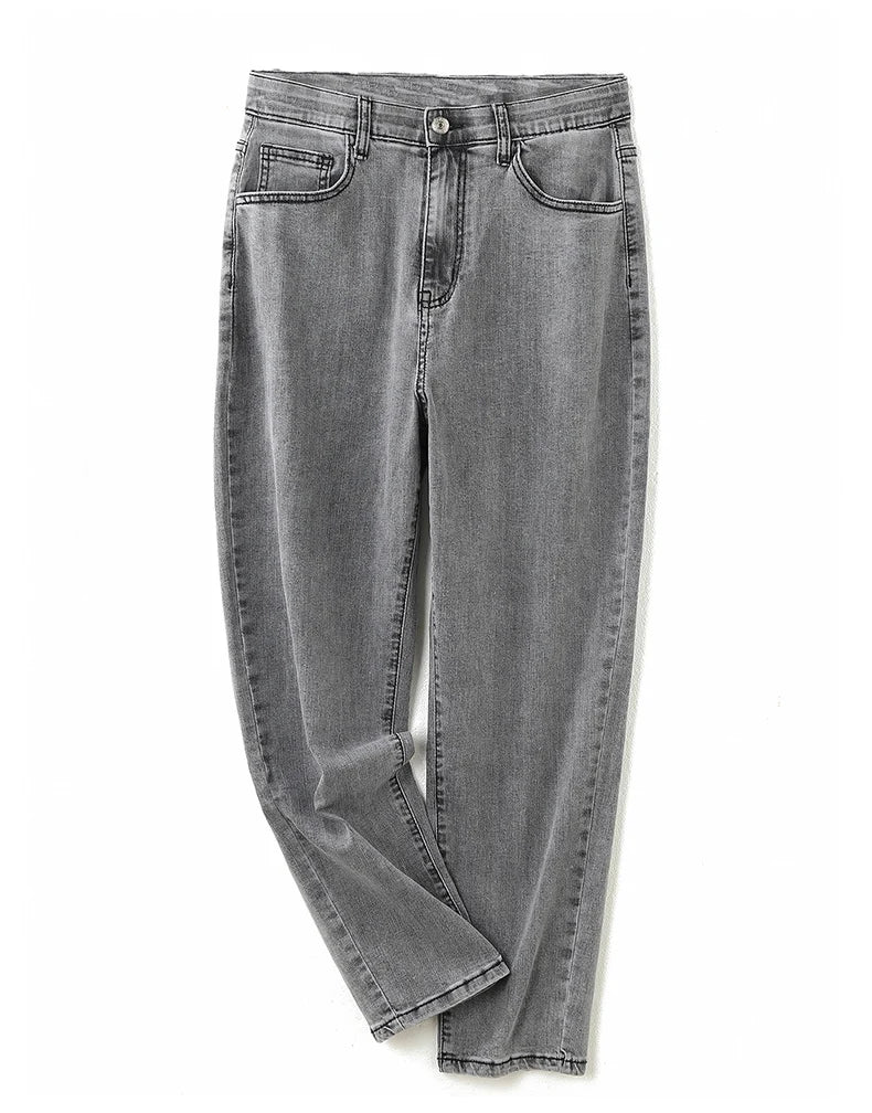 Plus Size Gray Jeans for Women Stretchy High Waist Mom Jeans Harem Full Length Washing Denim Jeans Curvy Fitting 100 Kgs Jeans