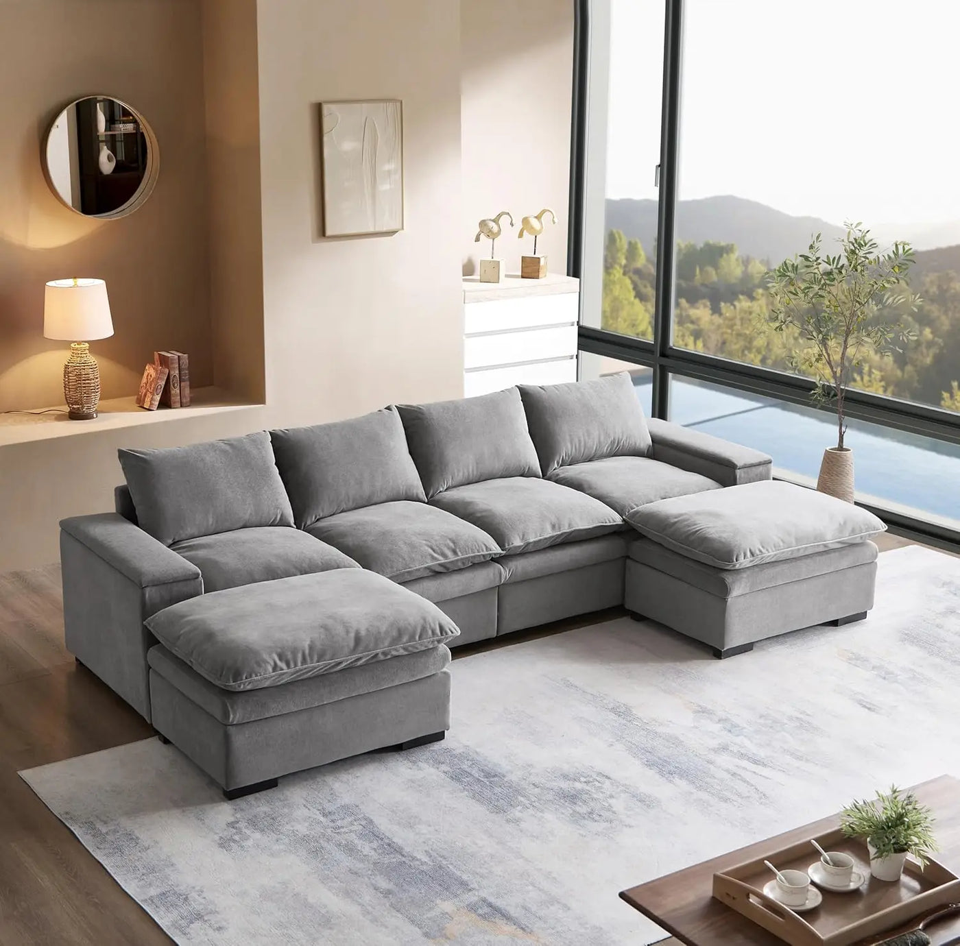 122″ Oversized Modular Sectional Sofa with Movable Ottoman, 6-Seat Deep Seat Sofa with Armrest Storage, Convertible U Shaped