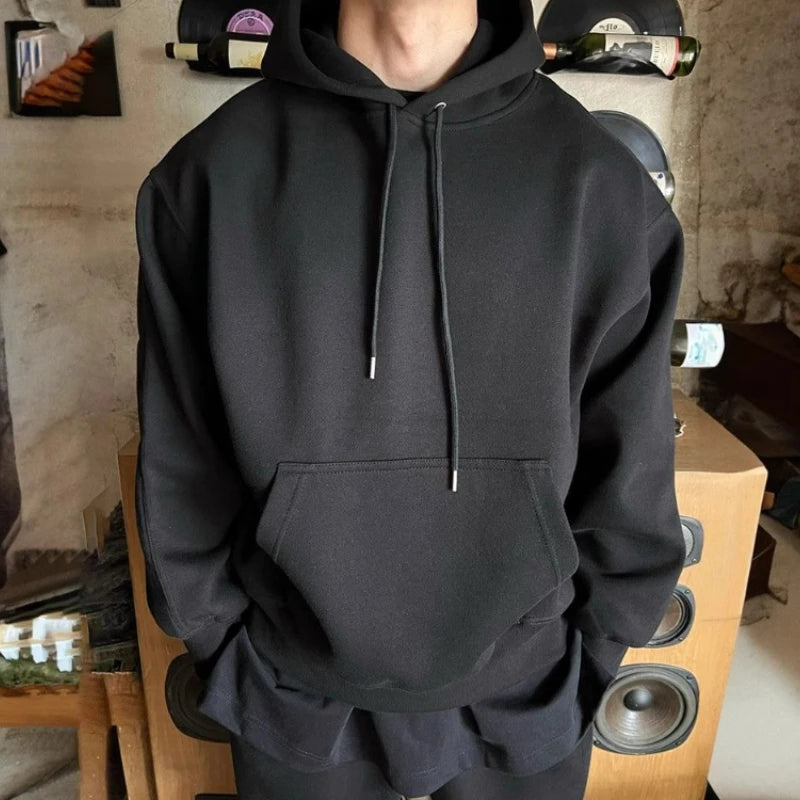 Hooded Sweatshirt Men's Autumn Winter Velvet Two-piece Set American Oversize Loose Casual Sweatpants Suit Aesthetic Streetwear