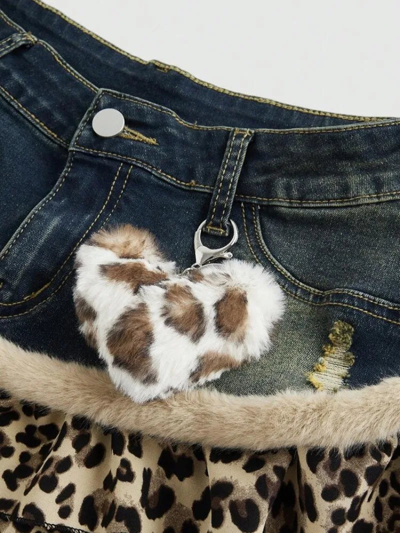 Harajuku Subculture Denim Leopard Print Splicing Y2k Skirt Kawaii Gothic Mini Pleated Skirt Casual Retro Streetwear Skirts Women