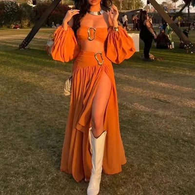 Sexy Pleated Crop Top Split Skirt Set Women Lantern Sleeve Off Shoulder Bust Wrap Top Dress Suit New Lady Holiday Party Outfits