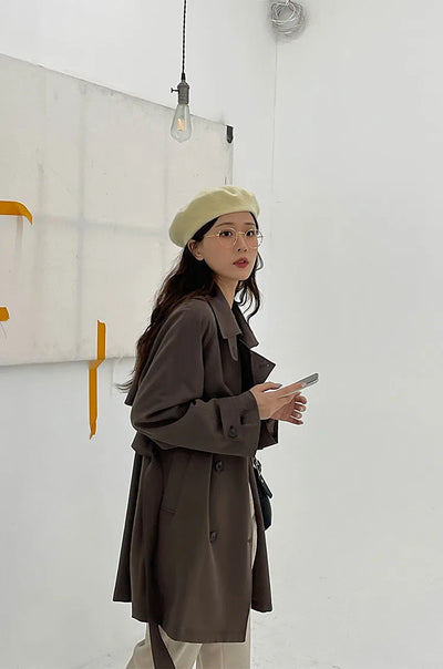 Women Spring Fall Short Trench Coat Korean Style Loose Fit Casual Khaki Jacket Petite-Friendly Versatile and Stylish Outerwear