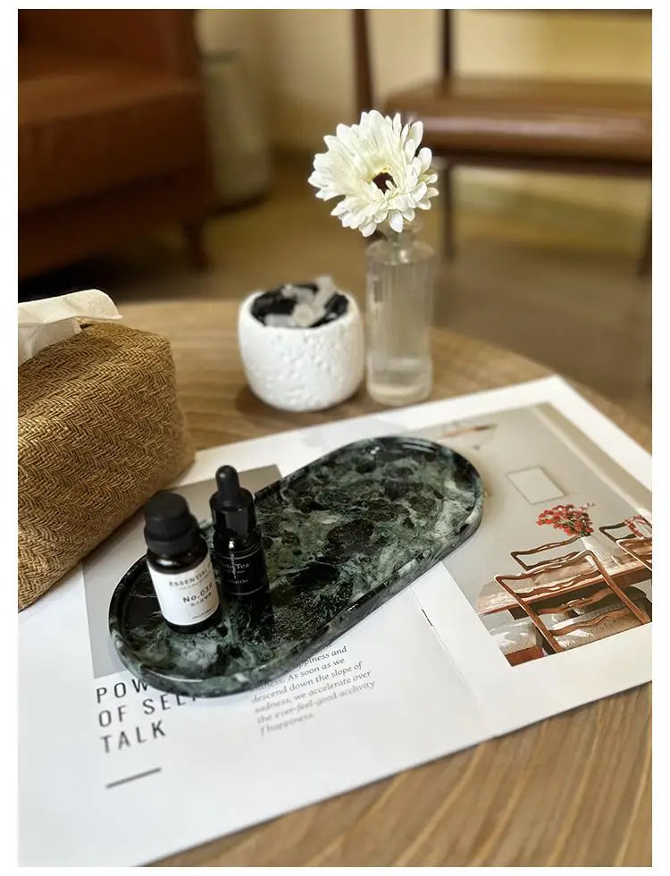 Luxury Green Marble Oval Tray: Bathroom Organizer & Fruit Serving Platter, Waterproof Stone Decor for Hotel Spa Home Kitchen