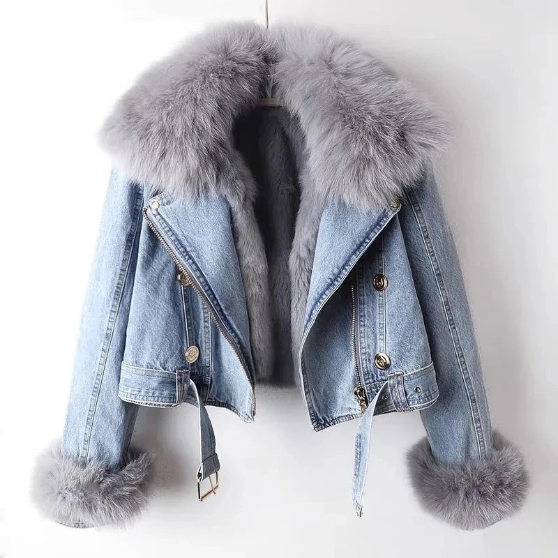 Short Thicken Denim Jacket For women 2025 Autumn Winter Detachable Imitation Fox fur Zipper Denim Coat Female Warm Parker Tops