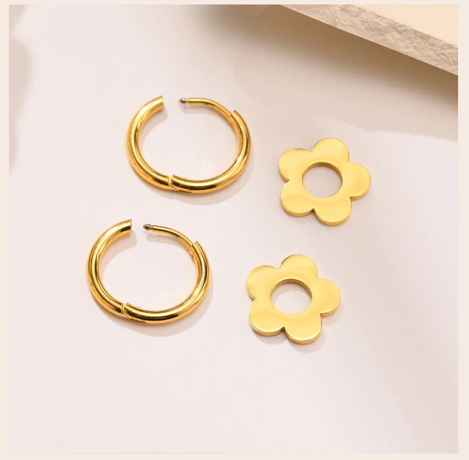 Gold Color Flower Earrings, Stainless Steel Huggie Hoop Earrings, Hypoallergenic Retro Style Bohe Ear Jewelry