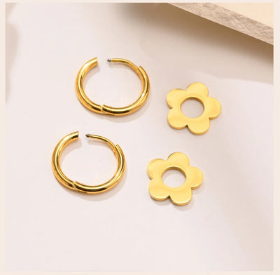 Gold Color Flower Earrings, Stainless Steel Huggie Hoop Earrings, Hypoallergenic Retro Style Bohe Ear Jewelry