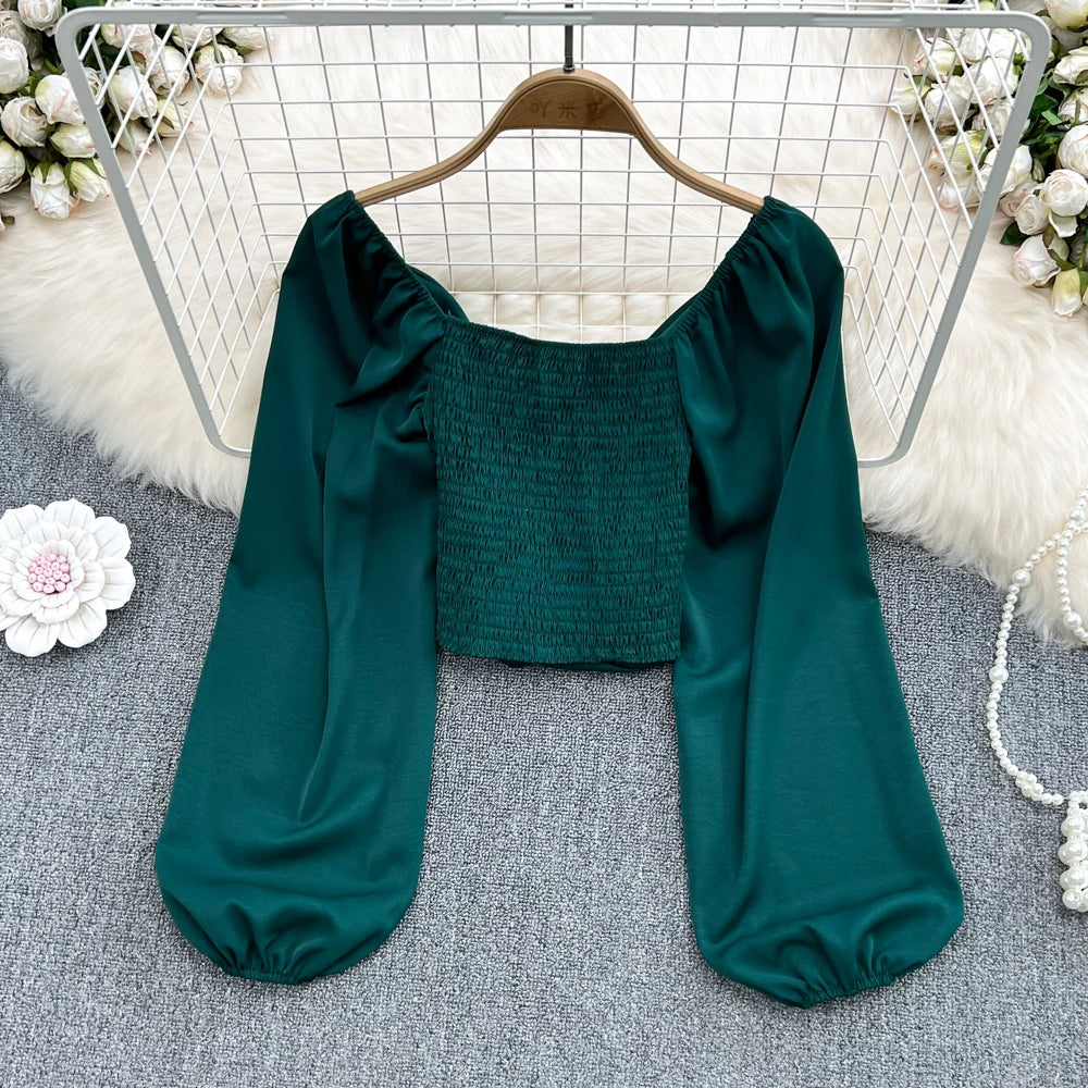Chic Puff Long Sleeve Criss-cross Slim Blouse Korean Fashion Pleated Crop Top Sexy Shirt Hotsweet Spring Autumn Women Clothes