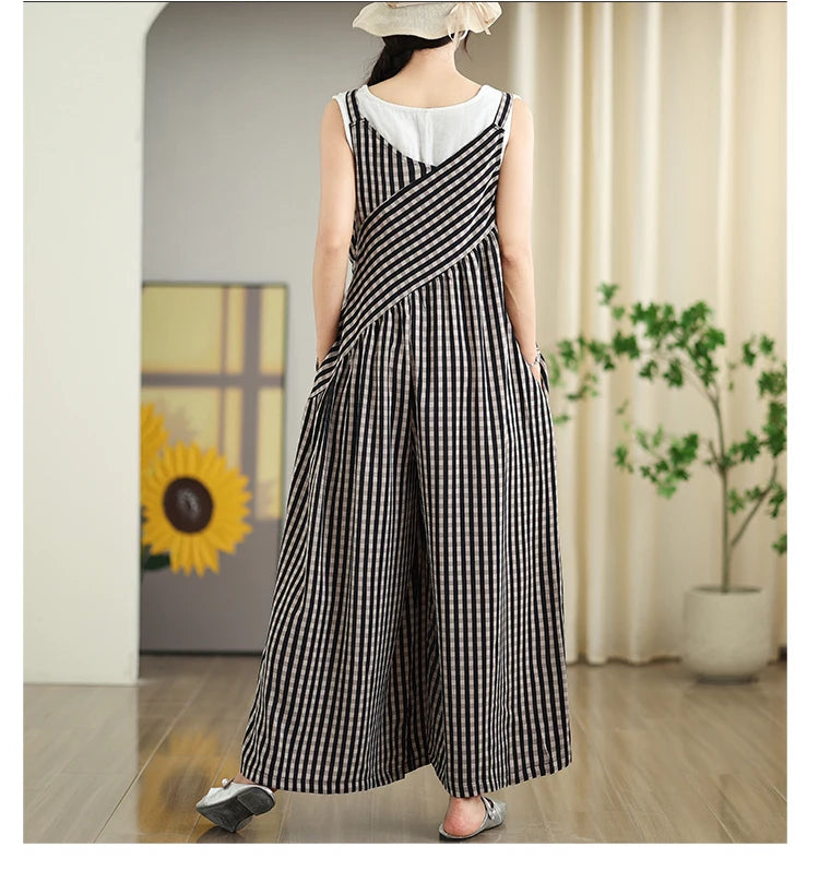 Oversized Summer Plaid Print Jumpsuit Women Wide Leg Loose Pleated Fashion Ladies Jumpsuits V-Neck Sleeveless Woman Jumpsuits