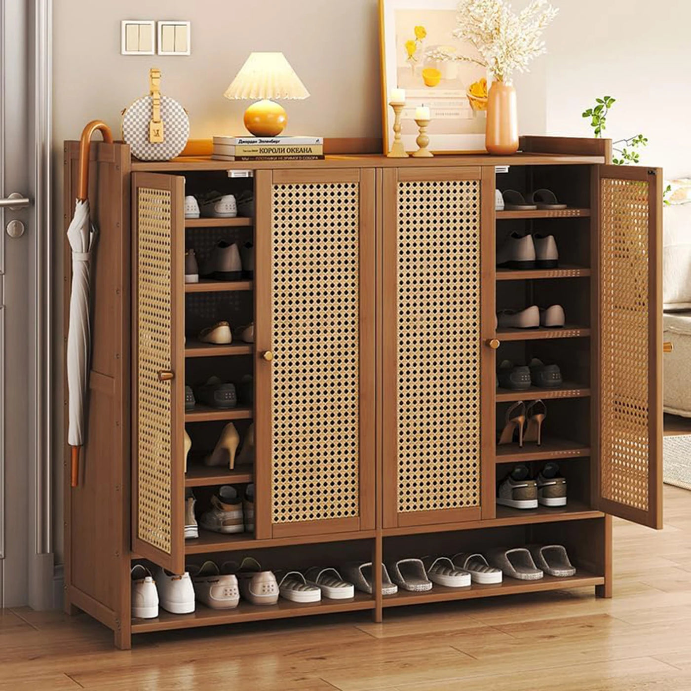 8 Tier Bamboo Shoe Storage Cabinet with Doors, 38-42 Pairs Shoe Rack for Closet, Rattan Storage Cabinet with Doors for Hallway L