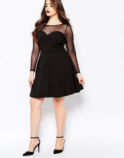 Plus Size Elegant A-line Dress Women Dot Print Long Mesh Sleeve Spring Autumn Fit And Flare Knee Length Office Party Dress 6XL
