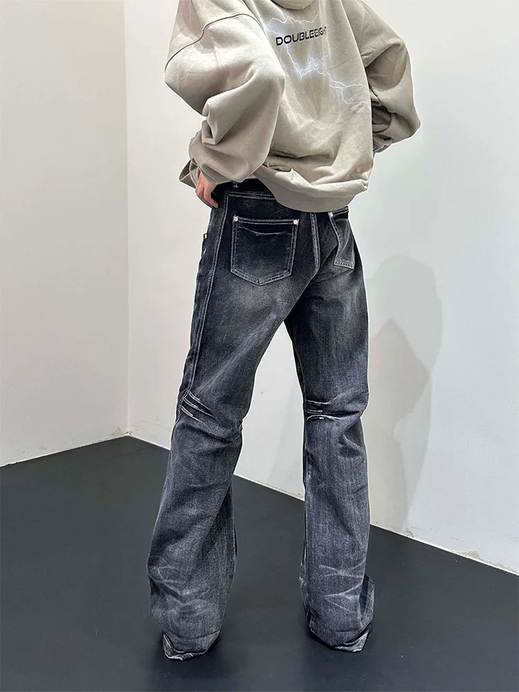Men Flare Pants Denim Pant Floor Length Jeans Casual Regular Pockets Button Zipper High Waist Autumn Splice Straight Trousers