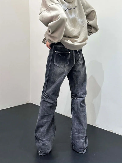 Men Flare Pants Denim Pant Floor Length Jeans Casual Regular Pockets Button Zipper High Waist Autumn Splice Straight Trousers