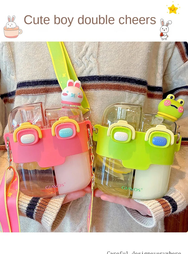 Drinking Bottle Large-Capacity Double-Bin Plastic Straw Cup Children Portable Carrying Water Bottle with High Beauty Cartoon Out