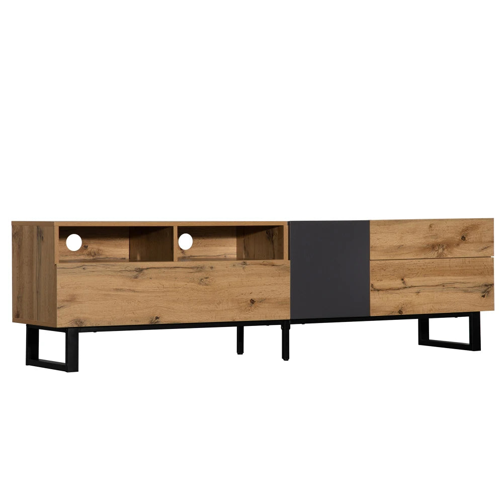 180cm Modern TV Cabinet w/Wood & Grey Contrast - Open Storage w/Black Iron Base