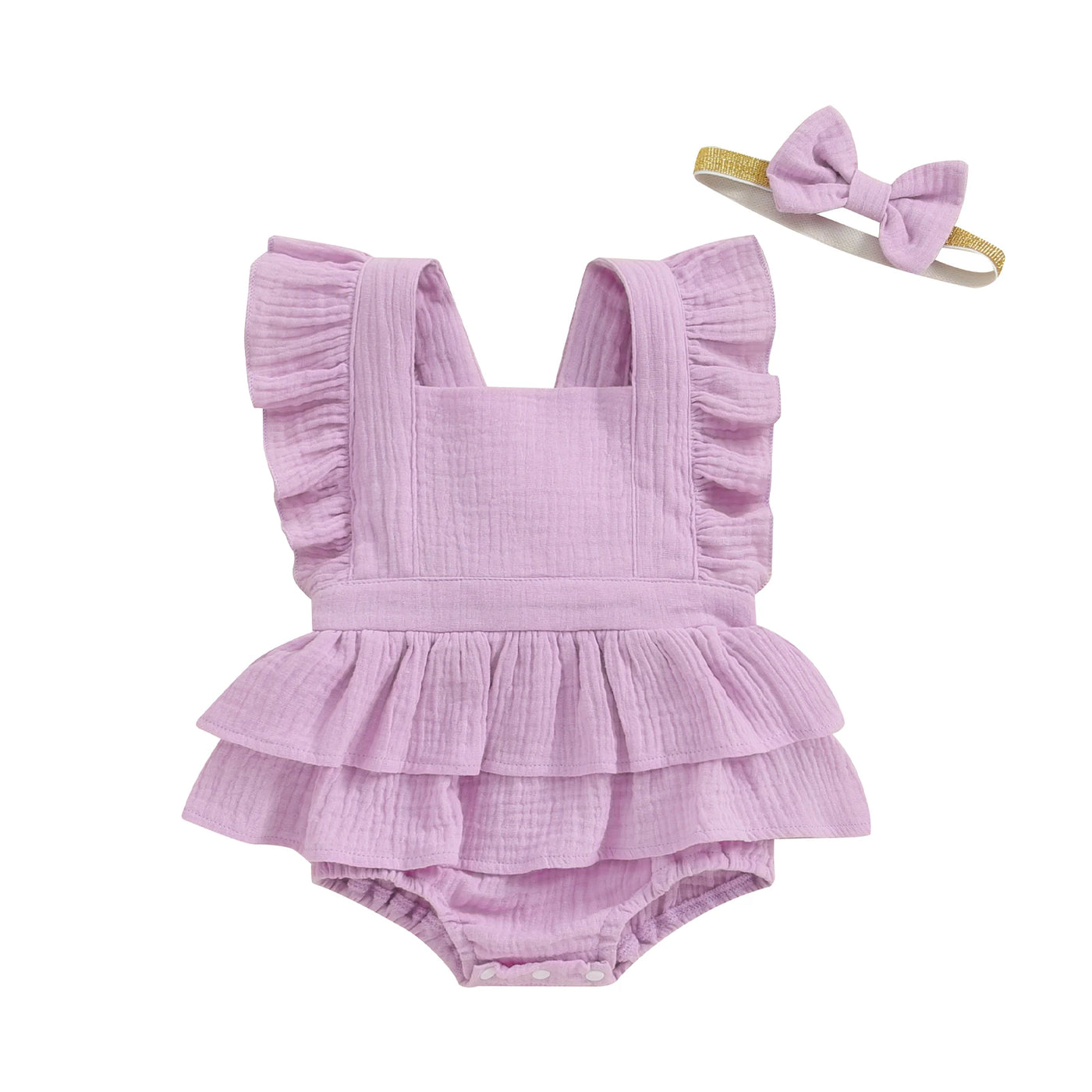 Citgeett Summer Infant Baby Girls Bodysuit Dress Solid Color Fly Sleeve Skirt Hem Jumpsuit Clothes Headband