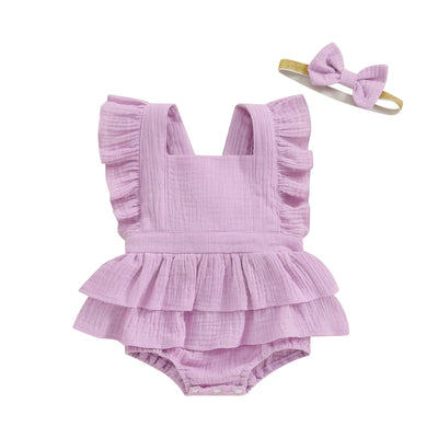 Citgeett Summer Infant Baby Girls Bodysuit Dress Solid Color Fly Sleeve Skirt Hem Jumpsuit Clothes Headband