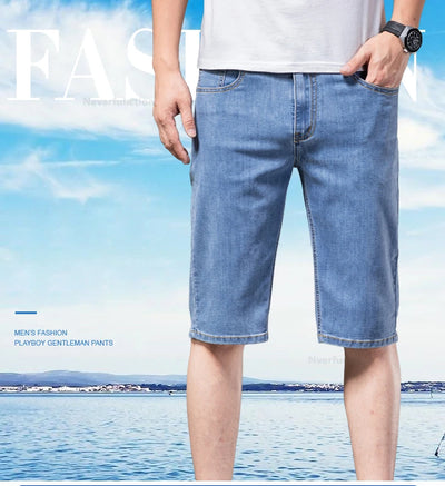 Fashion Men's Straight Denim Shorts Summer Thin Elastic Casual Bermuda Jeans Breathable Fabric Male Clothes Boardshorts