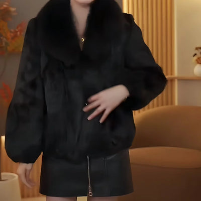 Real Rabbit Fur Coat Women Autumn Winter Short Jacket Thick Warm New Fashion Fox Fur Collar Elegant Female Warm Outerwear