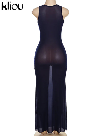 Kliou Solid Sheer Pure Cotton Maxi Dress Women Casual Square Collar Sleeveless Slim Robe Lady Holiday Style Streetwear Clothing