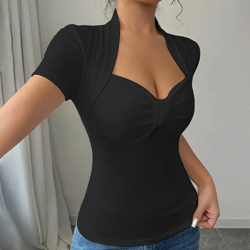 Plus Size V Neck Women T-Shirt Casual Short Sleeve Slim Fit Tops Spring Autumn Fashion Simple Elegant Basic Solid Shirt Bodysuit