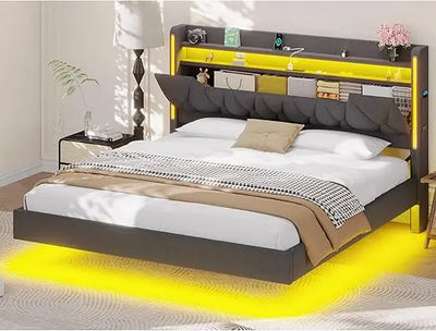Floating Bed Frame,King Bed Frame with Hidden Storage, King Platform Bed Frame with Headboard,4 Pockets,LED Lights and Charging