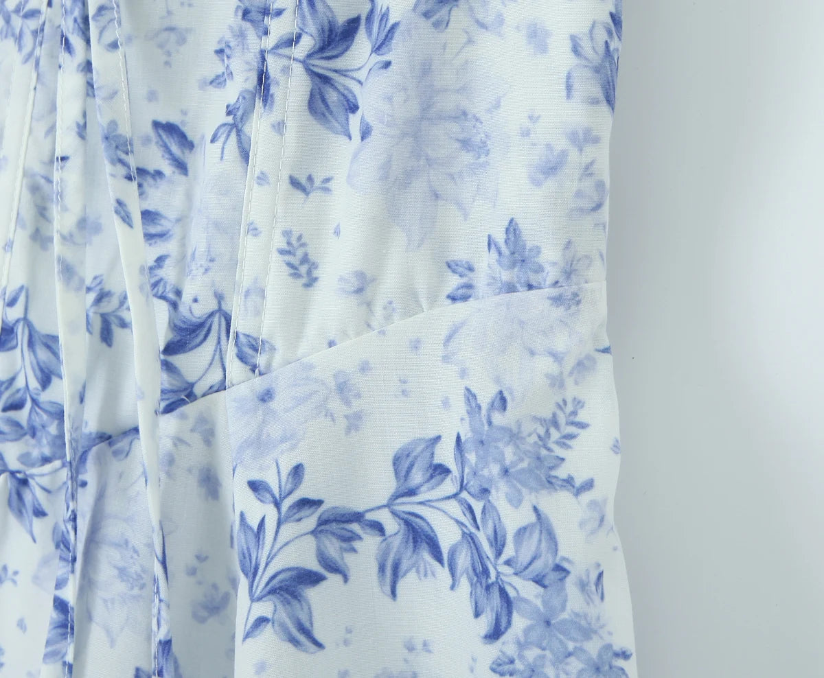 2023 Sexy Ruched Chest Blue White Flower Print Corset Style Sling Dress Cross Lacing up Bandage Back Hem Slit A-Lined Midi Robe