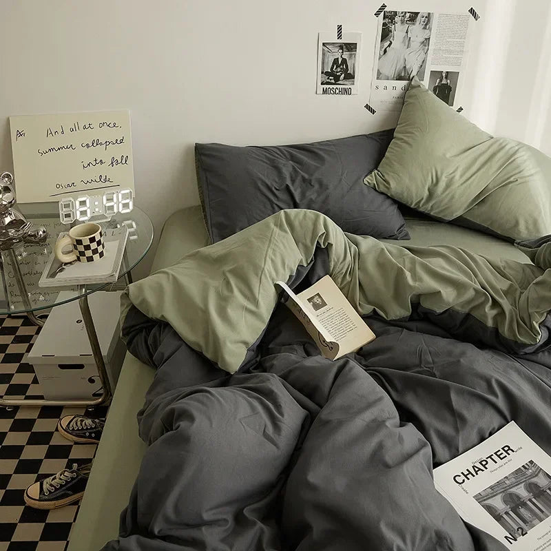 High Quality  Solid Color Double Washed Cotton Bedding 4 Pieces Set Student Dormitory Bed Linen Duvet Set Bed Suit