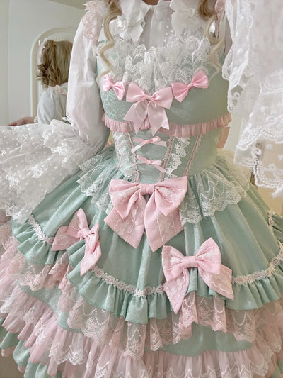Original Lolita Dress Set Doll Feeling Girl Women's Sweet Jsk Suspender Dress Princess Fairy Lace Bow Sling Cake Dresses
