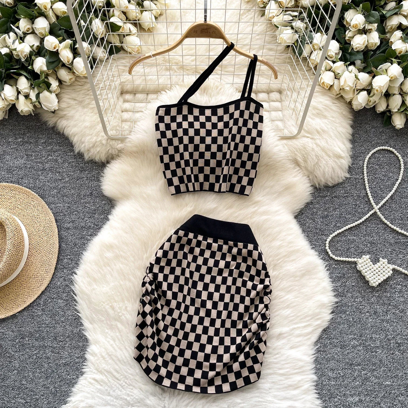 2025 New Vacation Style Plaid Suits Women Strapless Hotsweet Mini Tops+High Waist Bodycon Skirt Fashion Casual Knitted Sets