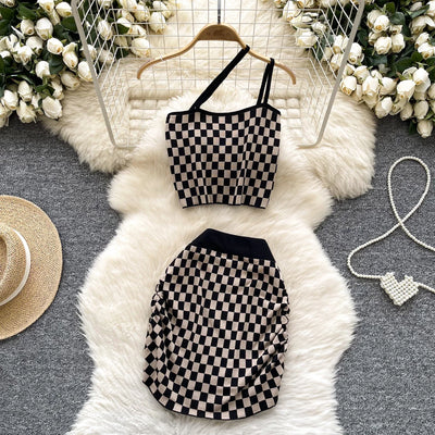 2025 New Vacation Style Plaid Suits Women Strapless Hotsweet Mini Tops+High Waist Bodycon Skirt Fashion Casual Knitted Sets