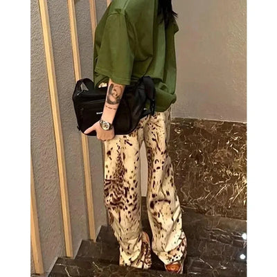 Leopard Print Straight Wide Leg Jeans Women High Waisted Retro Jeans Streetwear Y2k Vintage Pants High Street Denim Trousers