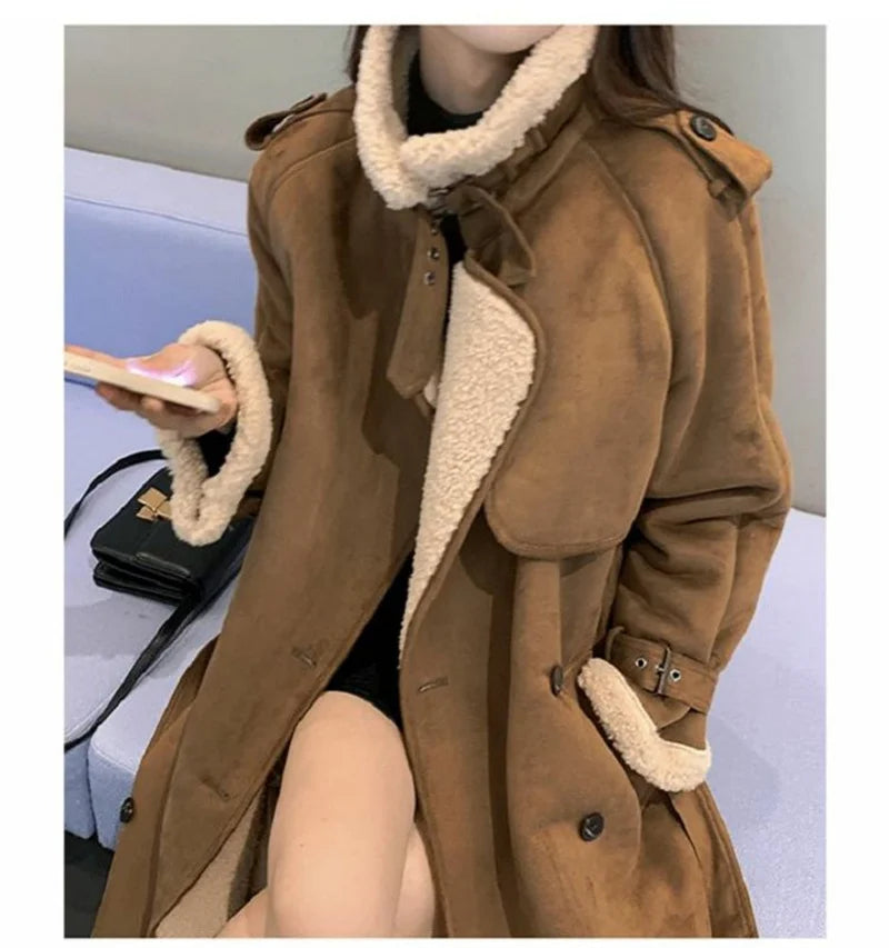 2024 Autumn Winter New Medium Long Double-breasted Lambswool Suede Woolen Coat Women Add Velvet Padded Warm Fur One Woolen Coats