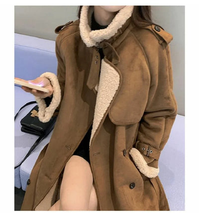 2024 Autumn Winter New Medium Long Double-breasted Lambswool Suede Woolen Coat Women Add Velvet Padded Warm Fur One Woolen Coats
