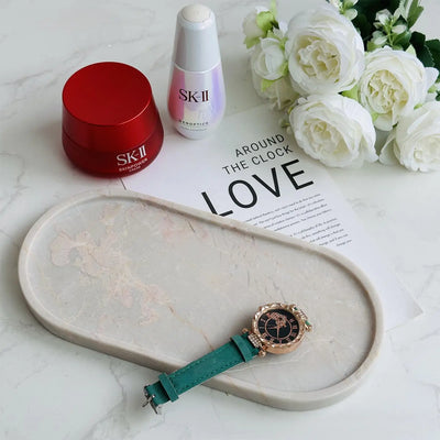 Luxury Green Marble Oval Tray: Bathroom Organizer & Fruit Serving Platter, Waterproof Stone Decor for Hotel Spa Home Kitchen