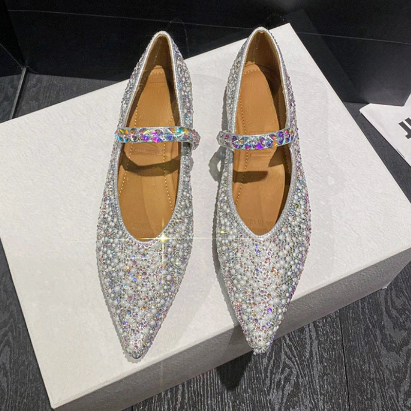 Luxury Designer Glitter Mule Pumps Women Pearl Pointed Toe Mary Jane Shoes Comfy Loafers Fashion Rhinestone Flat Bridal Shoes