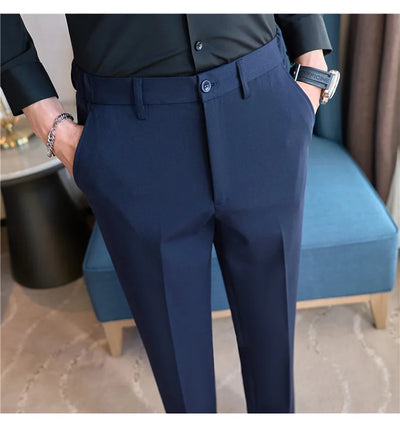 High End Elastic Waistband Suit Pants for Men Embroidered Business Casual Pants Solid Colror Versatile Social Office Trousers