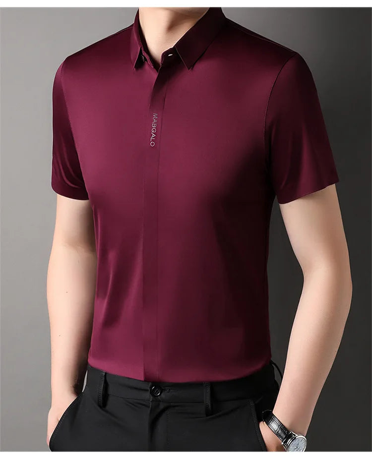 Summer New High-grade Hidden Button Men's Light Luxury Short Sleeve Shirts Men High Elastic Business Anti-wrinkle Ice Silk Shirt