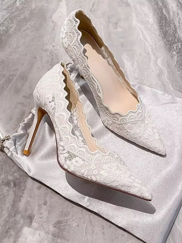 White Wedding Shoes Bridal Shoes Design Sense Niche Lace Pointed Stiletto Heel Shallow French High Heels Female Temperament